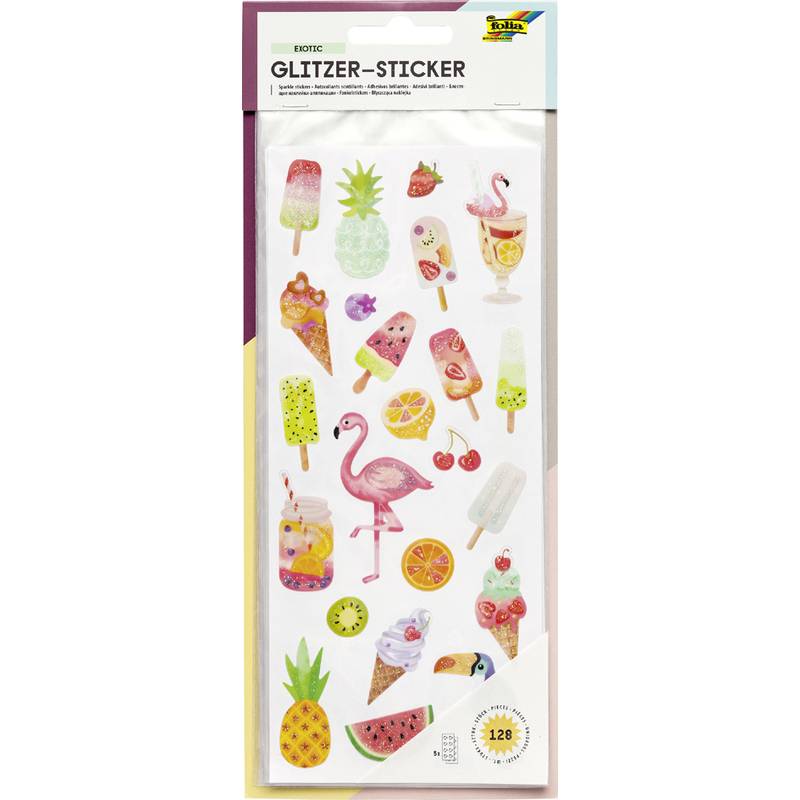 Aufkleberbogen mit verschiedenen bunten tropischen Designs, darunter Flamingos, Eis, Früchte und Getränke, mit der Beschriftung 