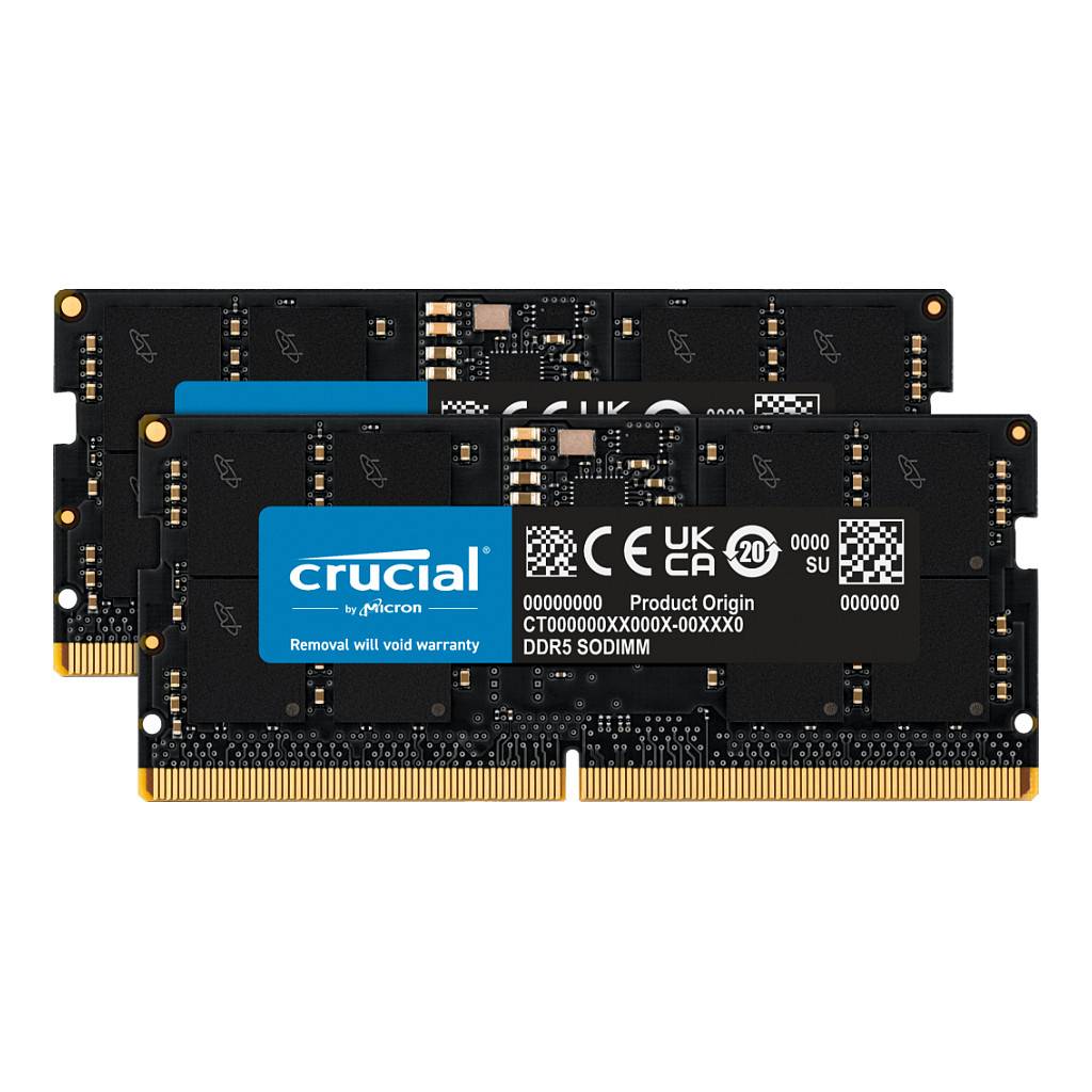 Zwei entscheidende DDR5 SODIMM RAM-Module werden gezeigt, gekennzeichnet mit Produktdetails und Spezifikationen, die auf eine Verwendung für Computer-Speicher-Upgrades hindeuten.
