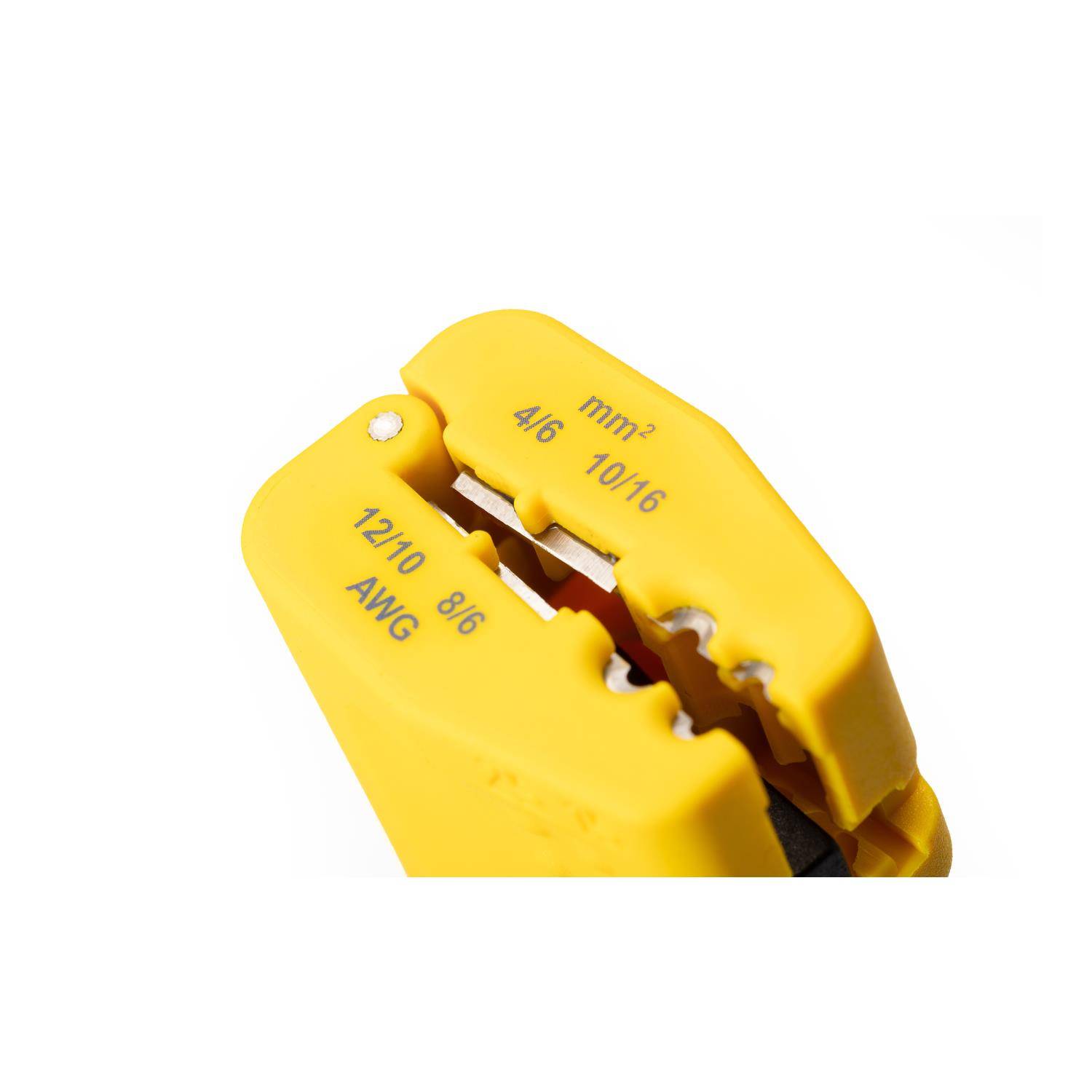 Ein gelbes Abisolierungswerkzeug mit markierten Messungen 