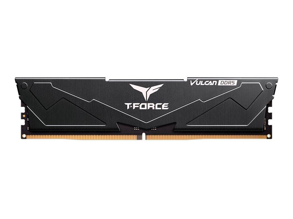 Black T-Force Vulcan DDR5 Desktop-RAM-Modul auf weißem Hintergrund dargestellt.