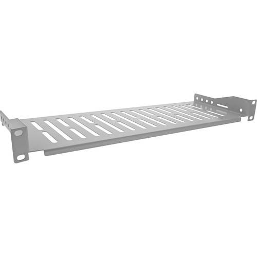 Ein graues Metallregal mit Lüftungsschlitzen und Befestigungskonsolen auf jeder Seite zur Installation in einem Lager- oder Serverrack.