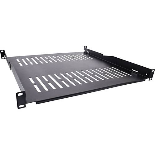 Ein schwarzes Metallregal für Serverschränke mit Belüftungsschlitzen, das zur Montage in einem Serverrack ausgelegt ist.