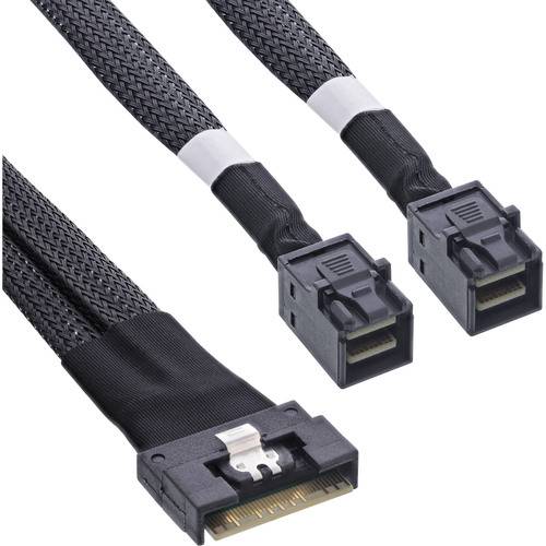 „Zwei schwarze SFF-8087 zu SFF-8087 Mini-SAS-Kabel mit Verriegelungen, verwendet zum Verbinden von Datenspeichergeräten, vor weißem Hintergrund.
