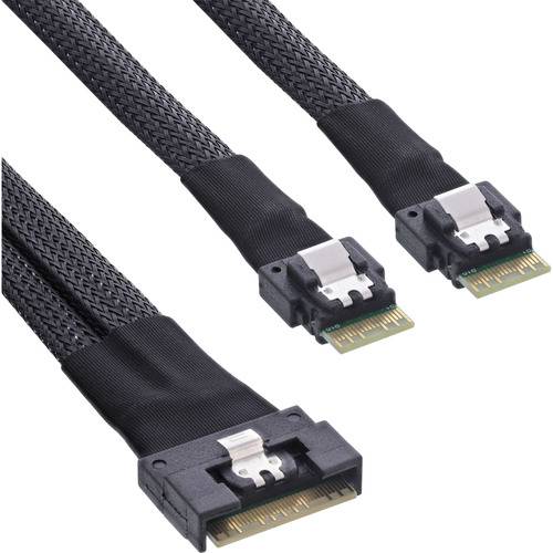 Drei schwarze SATA-Kabel mit geflochtenen Ummantelungen und Metallsteckern, konzipiert für Datenübertragung und Anschluss an Speichergeräte.
