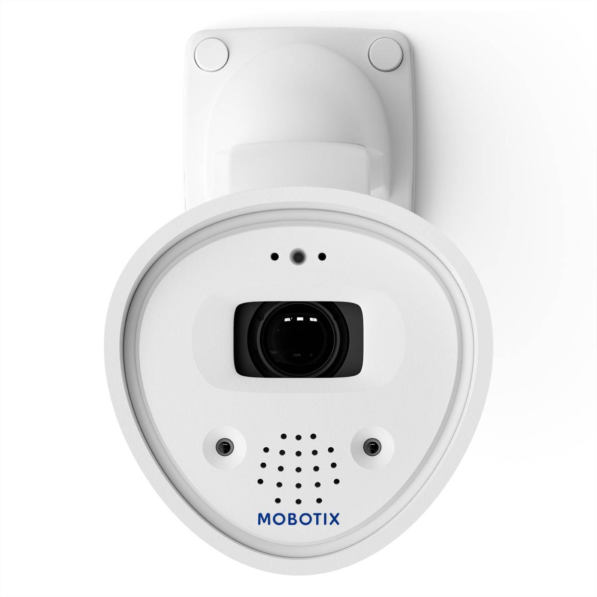 Weiße MOBOTIX-Sicherheitskamera mit zentralem Objektiv, Bewegungssensor-Punkte und Wandmontagehalterung auf weißem Hintergrund.