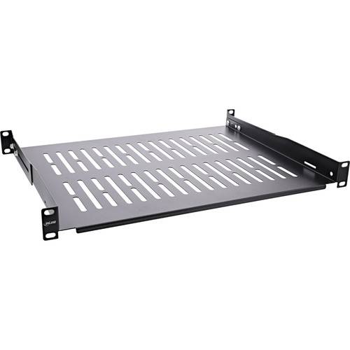 Ein schwarzes Metall-Rackmontageregal mit schlitzförmigen Lüftungsöffnungen, entworfen für Server- oder Ausrüstungsschränke, von oben und von der Seite betrachtet.
