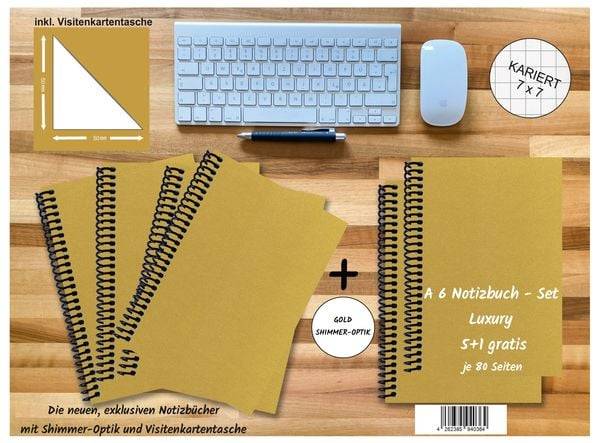A 6 Notizbuch - Set, 4+2 gratis, Luxury 80 Seiten GOLD GMUND SHIMMER, kariert 7x7mm