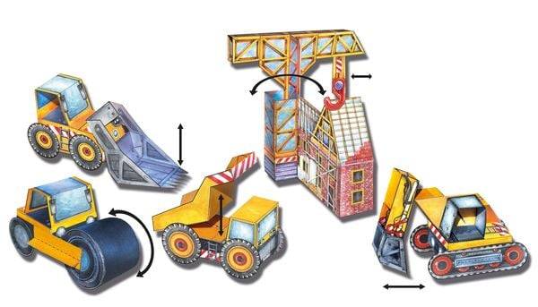 Baustelle Bastelbogen mit Baufahrzeugen & Papiermechanik