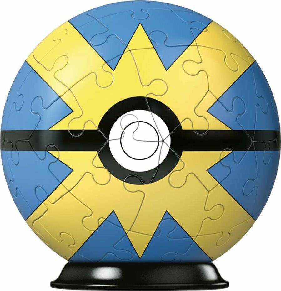 Pokéball-förmige Puzzlekugel mit blauem und gelbem Sternmuster, schwarzem Mittelband und weißem Mittelkreis auf einem Ständer.