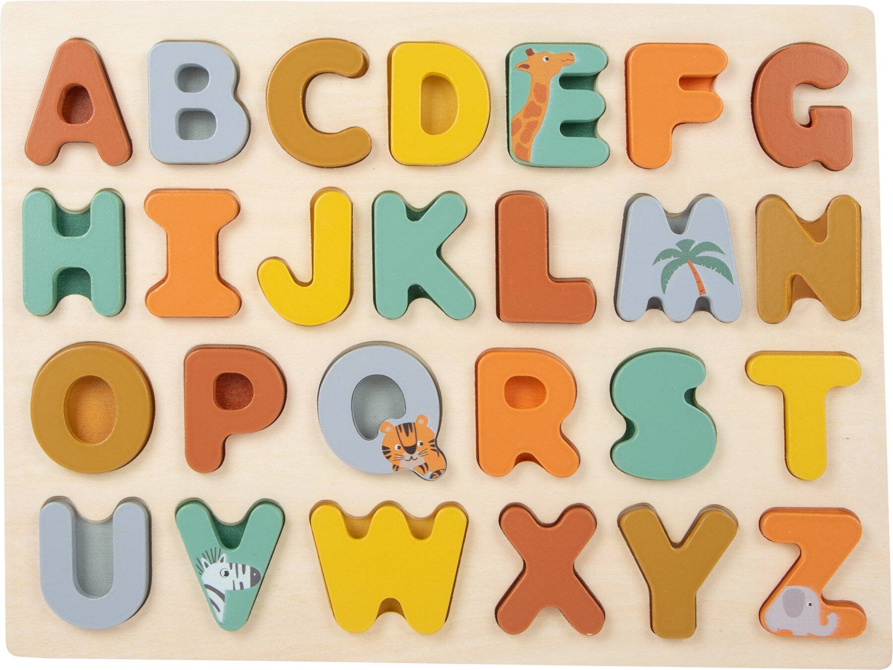 Buntes Holz-Alphabetpuzzle mit Großbuchstaben A bis Z, die in Reihen auf einer Tafel angeordnet sind.