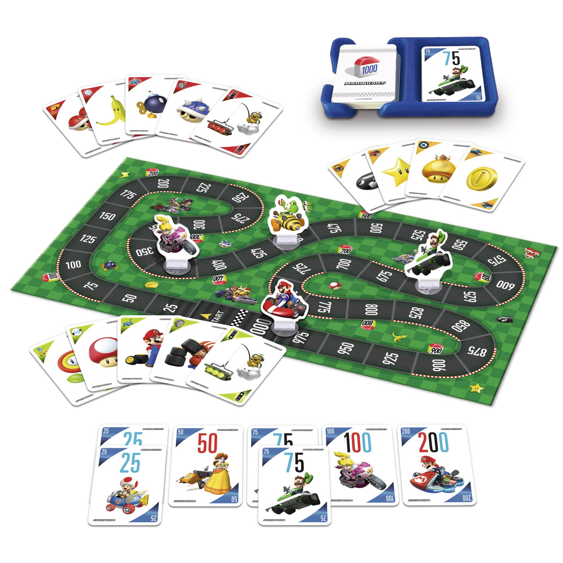 Mario Kart-Themed Brettspiel mit Spielbrett im Rennstil, Spielfiguren der Charaktere und nummerierten Karten; beinhaltet einen blauen Spielkasten und mehrere illustrierte Kartensätze.