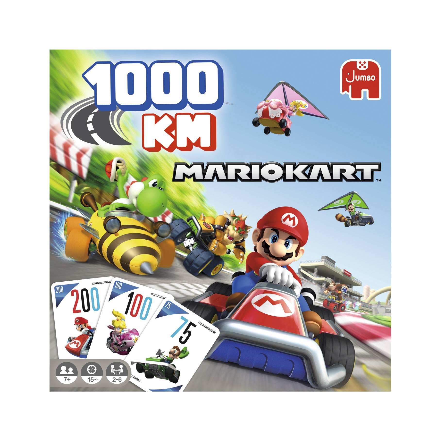 Mario Kart 1000 km Brettspielkarton zeigt Mario, der in Karts mit Yoshi und Bowser rast, Jumbo-Logo und Alters-/Spielerzahlsymbole.