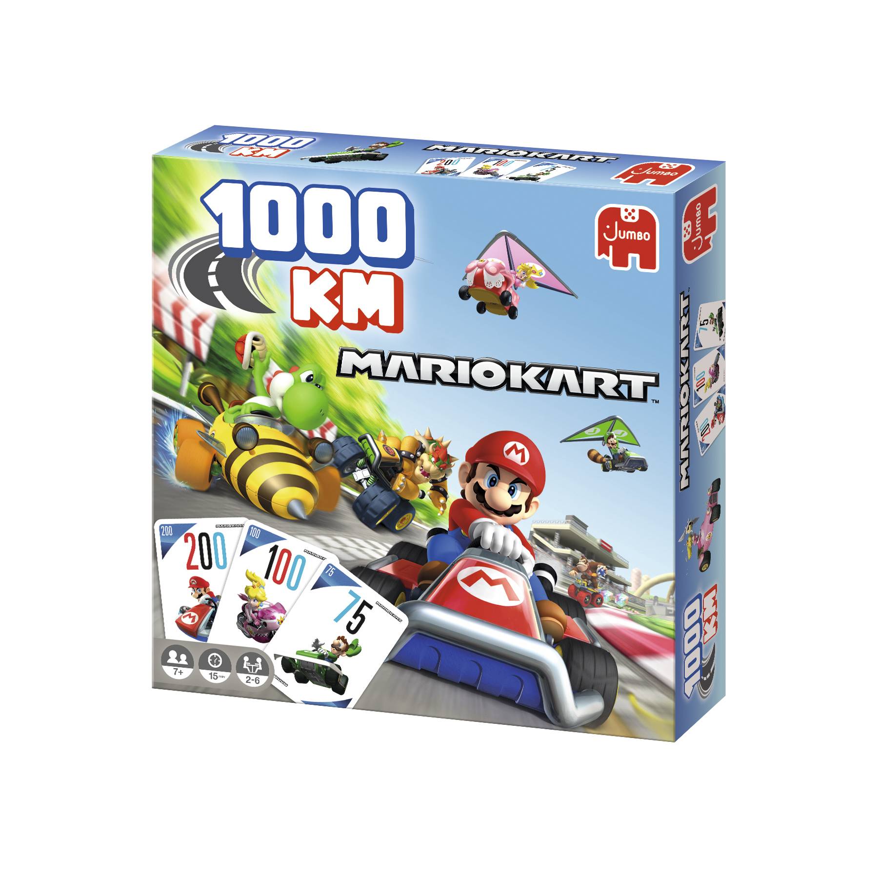 Mario Kart 1000 KM Brettspiel in einer Schachtel mit Mario, Yoshi und Rennkarts auf der Vorderseite, mit Jumbo-Logo und Altersangabe 7+ auf der Vorderseite.