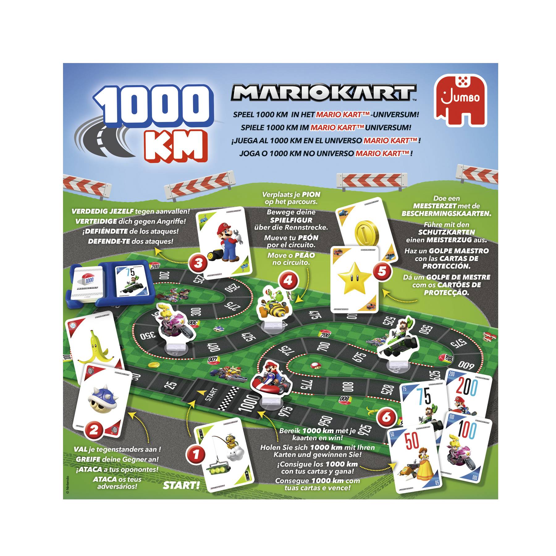 # Mario Kart 1000 KM Spielbrett mit einer gewundenen Rennstrecke, Spielfiguren, Karten und nummerierten Aktionsschritten auf Niederländisch, Französisch und Englisch.