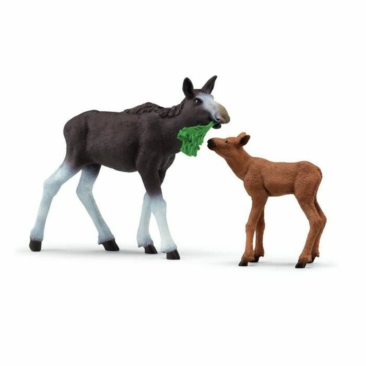 Ein ausgewachsener Elch mit grünen Blättern im Maul, das einem jungen Kalb auf weißem Hintergrund gegenübersteht.