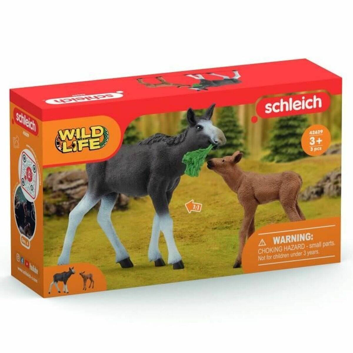 Eine Schleich Wild Life Spielzeugset-Schachtel mit einem Elch und einem Kalb, beschriftet mit 3+ und 3 Teilen.