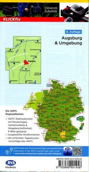 ADFC-Regionalkarte Augsburg und Umgebung, 1:75.000, mit Tagestourenvorschlägen, reiß- und wetterfest, E-Bike-geeignet, GPS-Tracks-Download