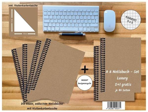 A 6 Notizbuch - Set, 4+2 gratis, Luxury 80 Seiten MUSKAT Designerecycling, kariert 5x5mm