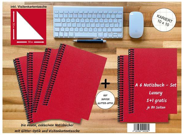 A 6 Notizbuch - Set, 4+2 gratis, Luxury 80 Seiten ROT JUPITER GLITTER-OPTIK, kariert 10x10mm