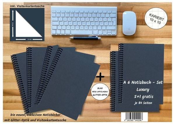 A 6 Notizbuch - Set, 4+2 gratis, Luxury 80 Seiten BLAU NEW LAPISLAZULI GLITTER-OPTIK, kariert 10x10mm