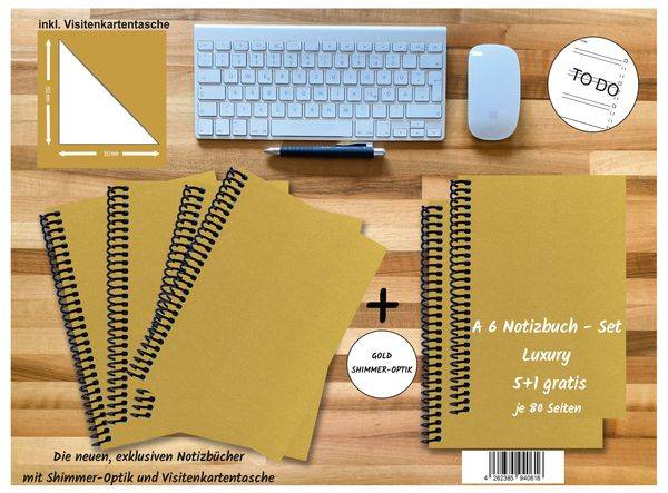 A 6 Notizbuch - Set, 4+2 gratis, Luxury 80 Seiten GOLD GMUND SHIMMER, to do