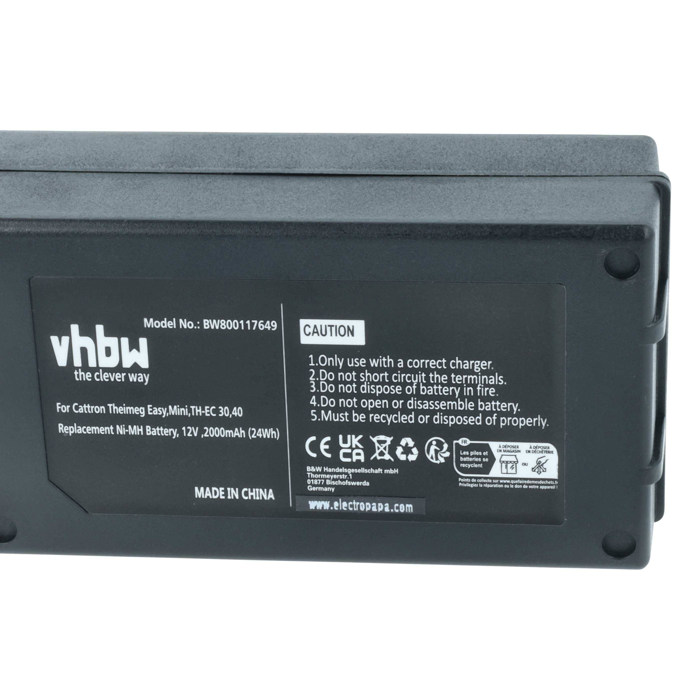 Eine schwarze Batterie mit der Bezeichnung 'vhbw' für Catron Trimming Easy, Mini2, THE-C 6014. Warnung: Verwenden Sie nur das richtige Ladegerät, verursachen Sie keine Kurzschlüsse und entsorgen Sie die Batterie ordnungsgemäß. Hergestellt in China.