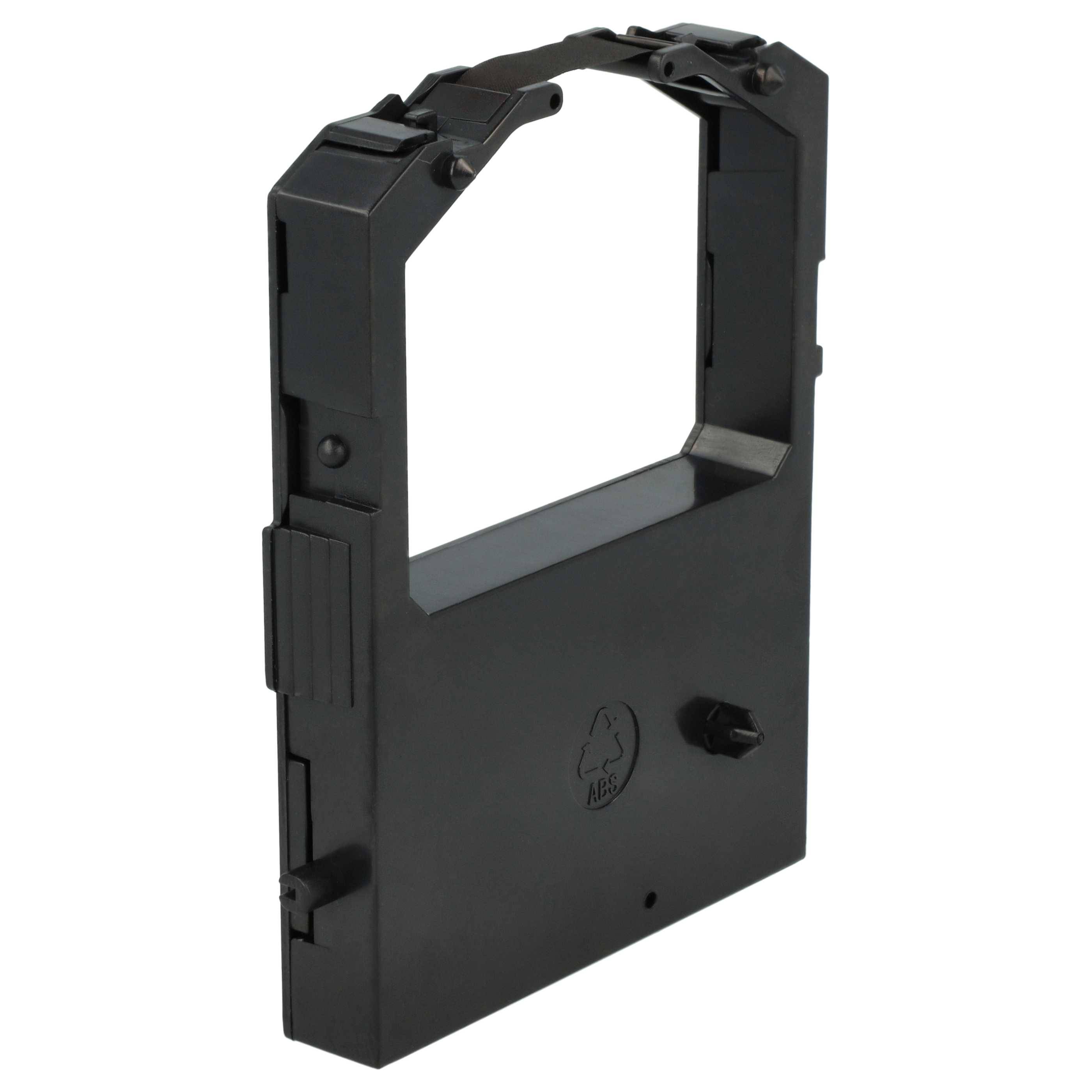 Schwarze Druckerfarbbandspule mit Griff, konzipiert für Nadeldrucker. Sie hat einen rechteckigen Rahmen und ein Recycling-Symbol auf der Seite.