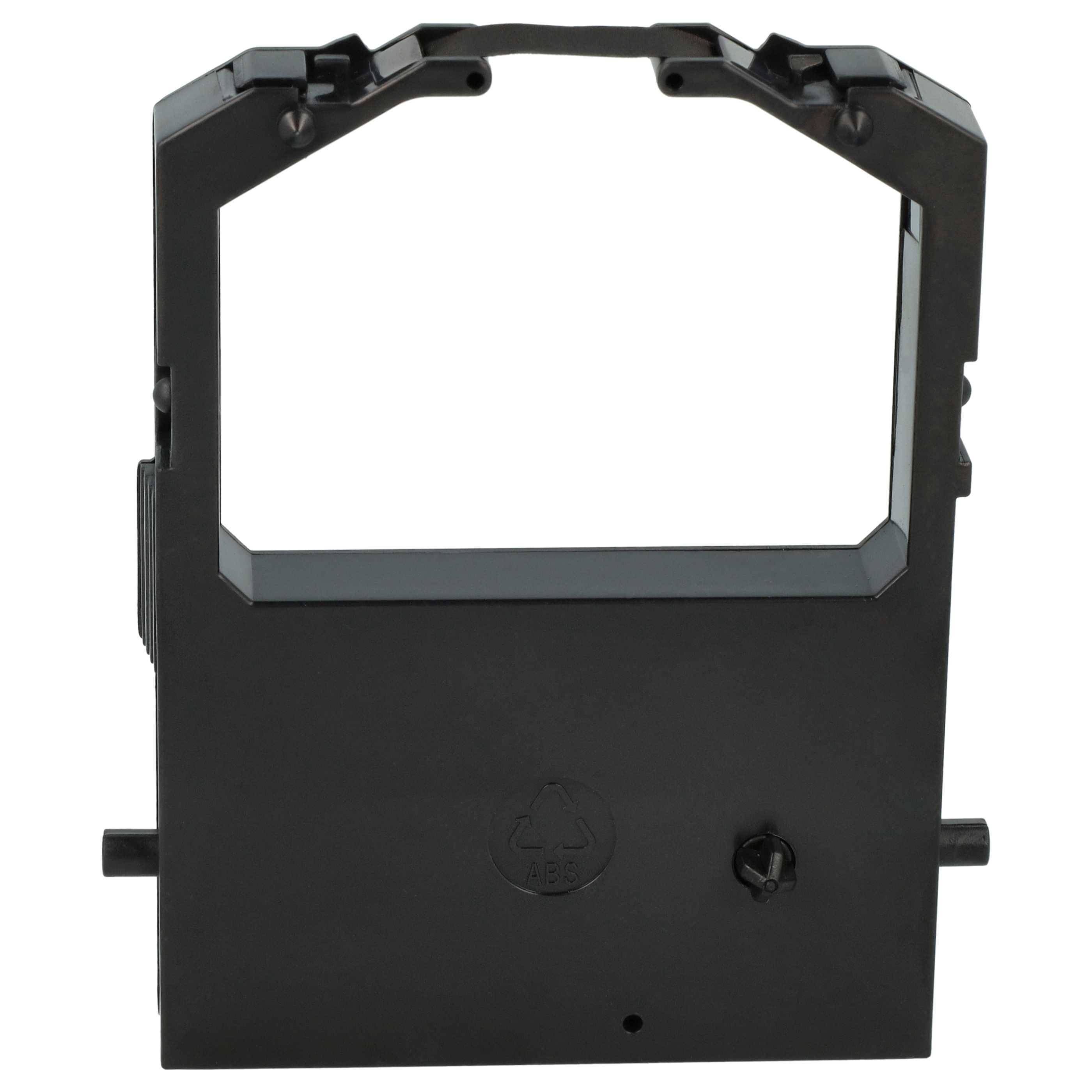 Eine schwarze Kunststoff-Druckerband-Patrone mit einer rechteckigen Öffnung und zwei Befestigungspunkten an den Seiten.