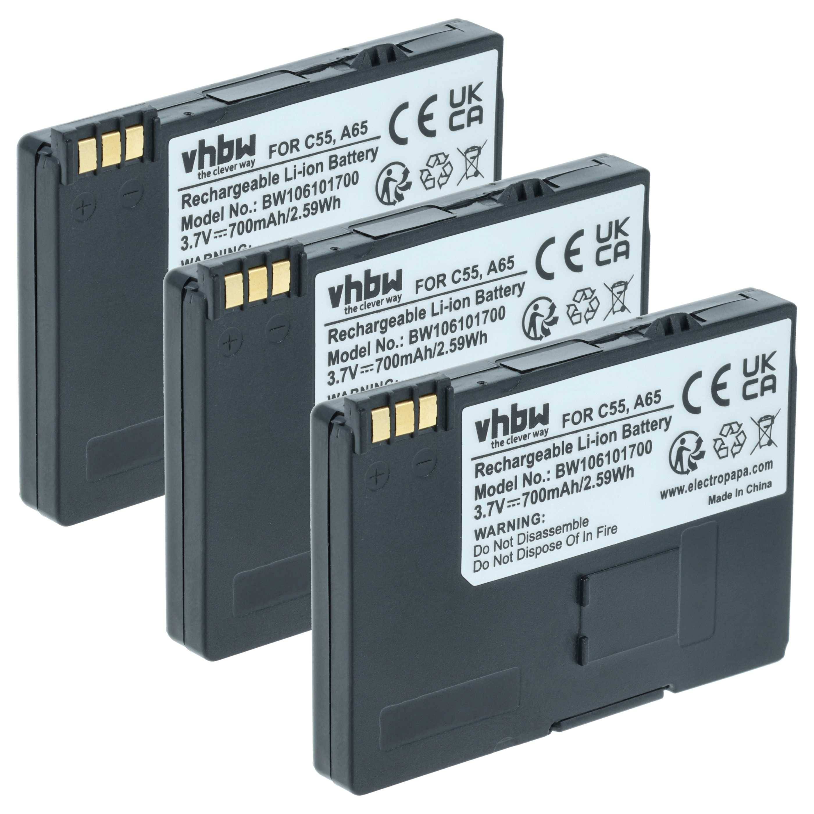vhbw 3x Akku kompatibel mit Siemens A57, A58, A60, A62, C55, A51, C57, A52, A55, A65, A70, A75 schnurlos Festnetz Telefon (700 mAh, 3,7 V, Li-Ion)