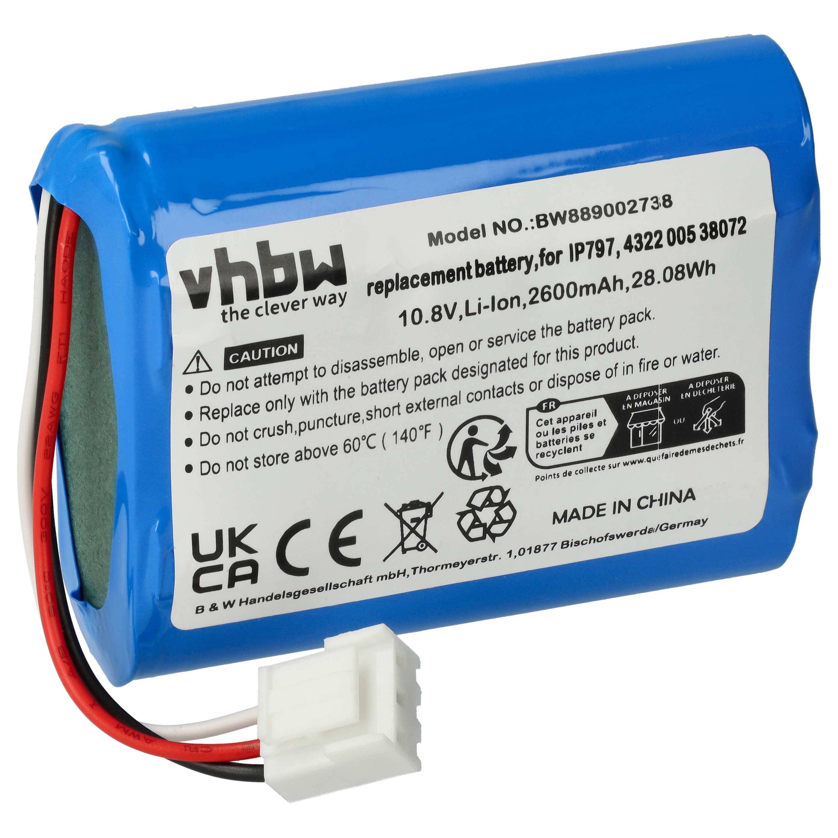 Eine Lithiumbatterie mit Sicherheitsanweisungen: „Nicht auseinandernehmen, zerquetschen oder Feuer/Wasser aussetzen. Nur das zugelassene Batteriepaket verwenden.