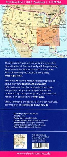 Reise Know-How Landkarte USA 9 Südost 1 : 1.250.000: Missouri, Kentucky, West Virginia, South Carolina, ...