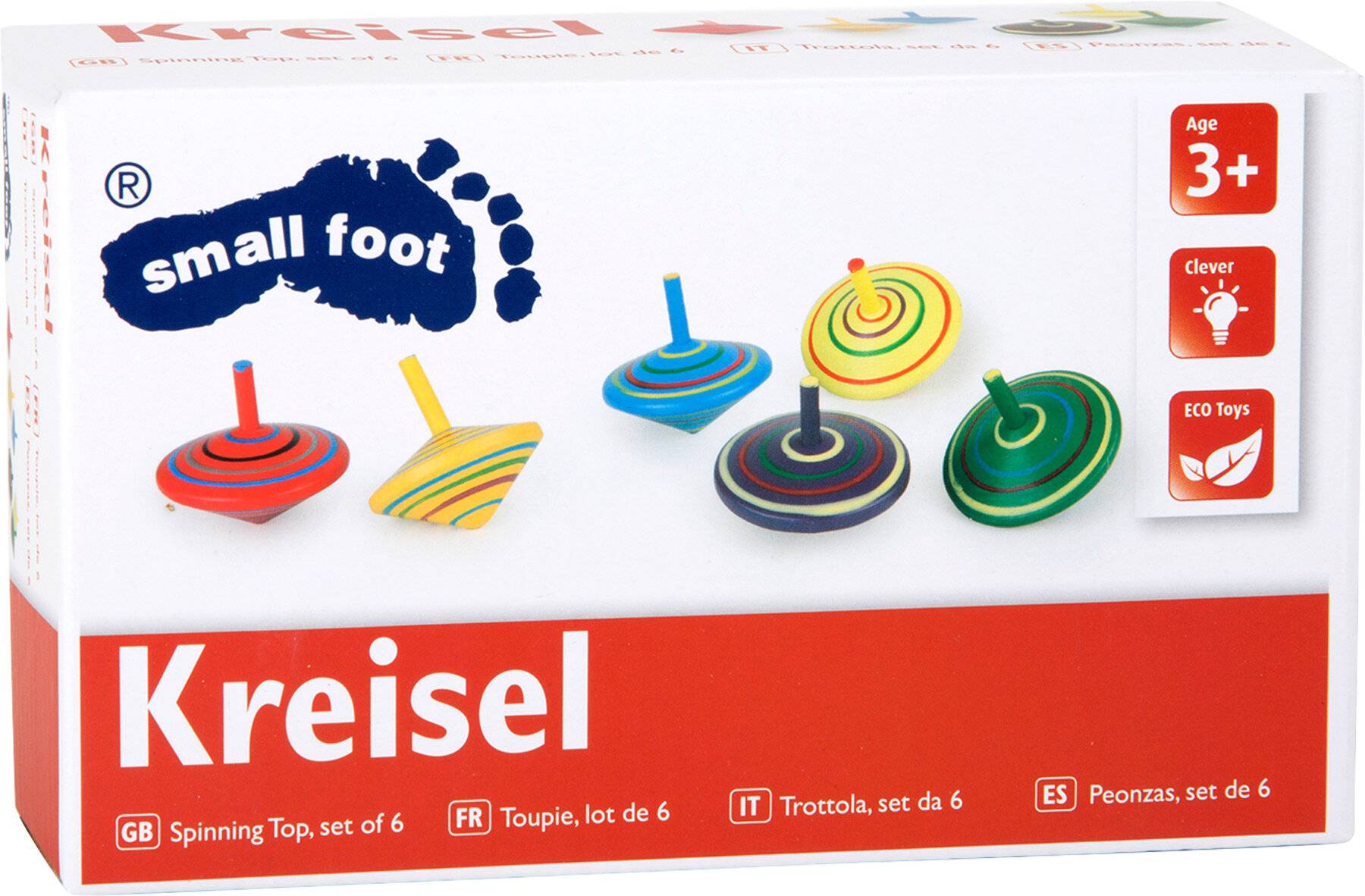 small foot Kreisel aus Holz, sechs Stück mit bunten Bemalungen