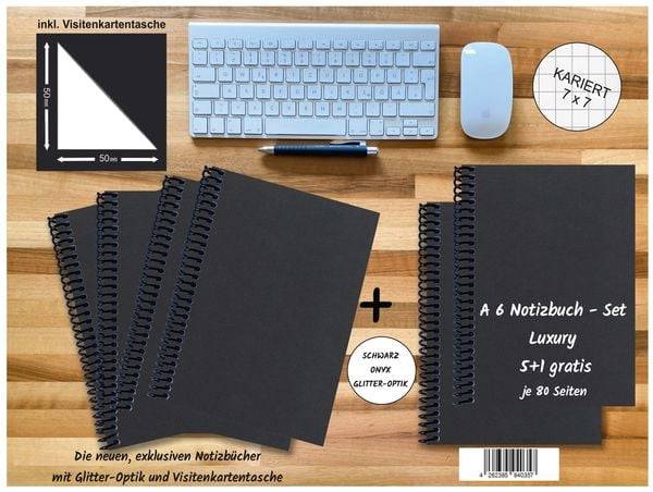 A 6 Notizbuch - Set, 4+2 gratis, Luxury 80 Seiten SCHWARZ ONYX GLITTER-OPTIK, kariert 7x7mm