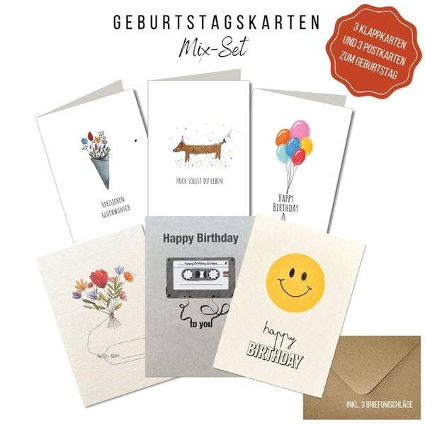KEITCARDS Geburtstagskarten mixed Set - 3 Postkarten und 3 Klappkarten