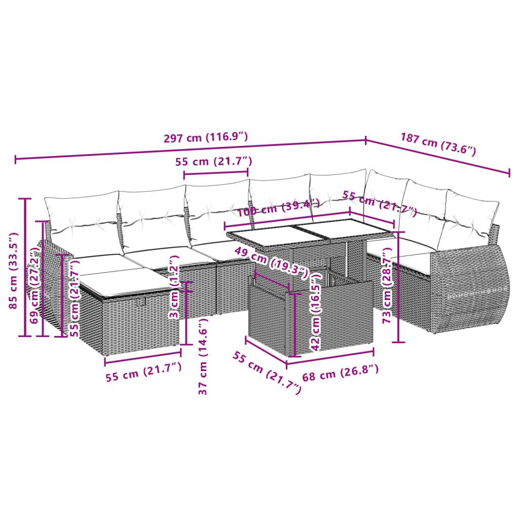 vidaXL 9-tlg. Garten-Sofagarnitur mit Kissen Beige Poly Rattan