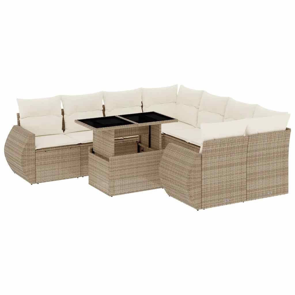 vidaXL 9-tlg. Garten-Sofagarnitur mit Kissen Beige Poly Rattan