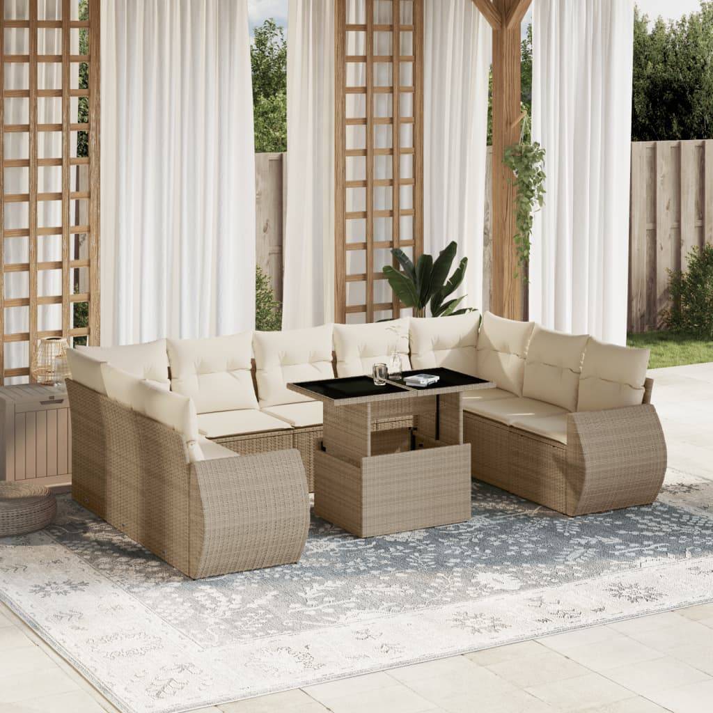 vidaXL 10-tlg. Garten-Sofagarnitur mit Kissen Beige Poly Rattan