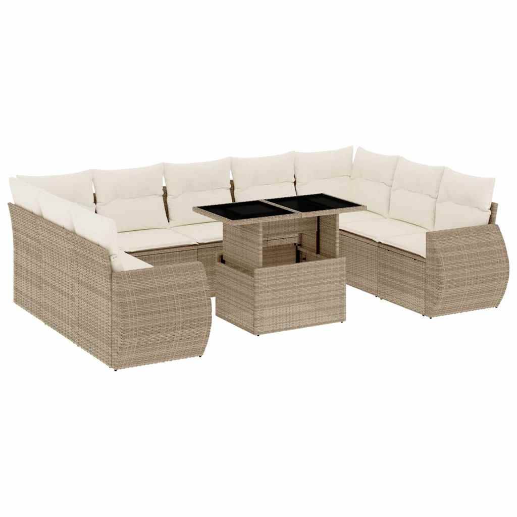 vidaXL 10-tlg. Garten-Sofagarnitur mit Kissen Beige Poly Rattan