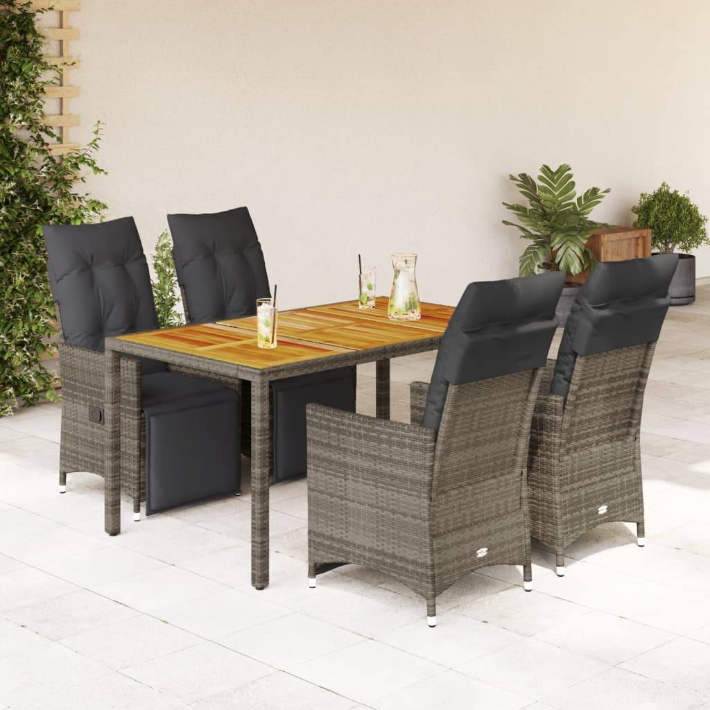 vidaXL 5-tlg. Garten-Bistro-Set mit Kissen Grau Poly Rattan