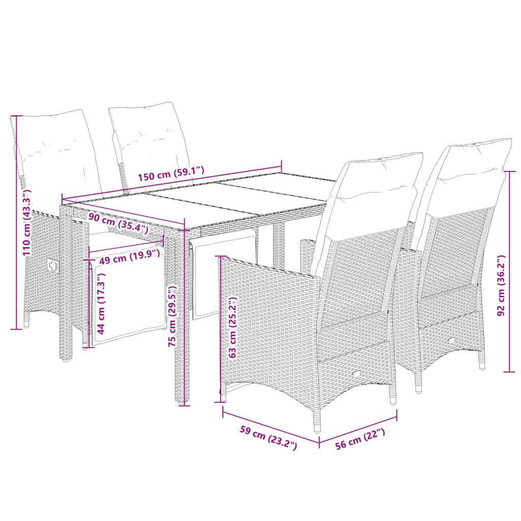 vidaXL 5-tlg. Garten-Bistro-Set mit Kissen Grau Poly Rattan
