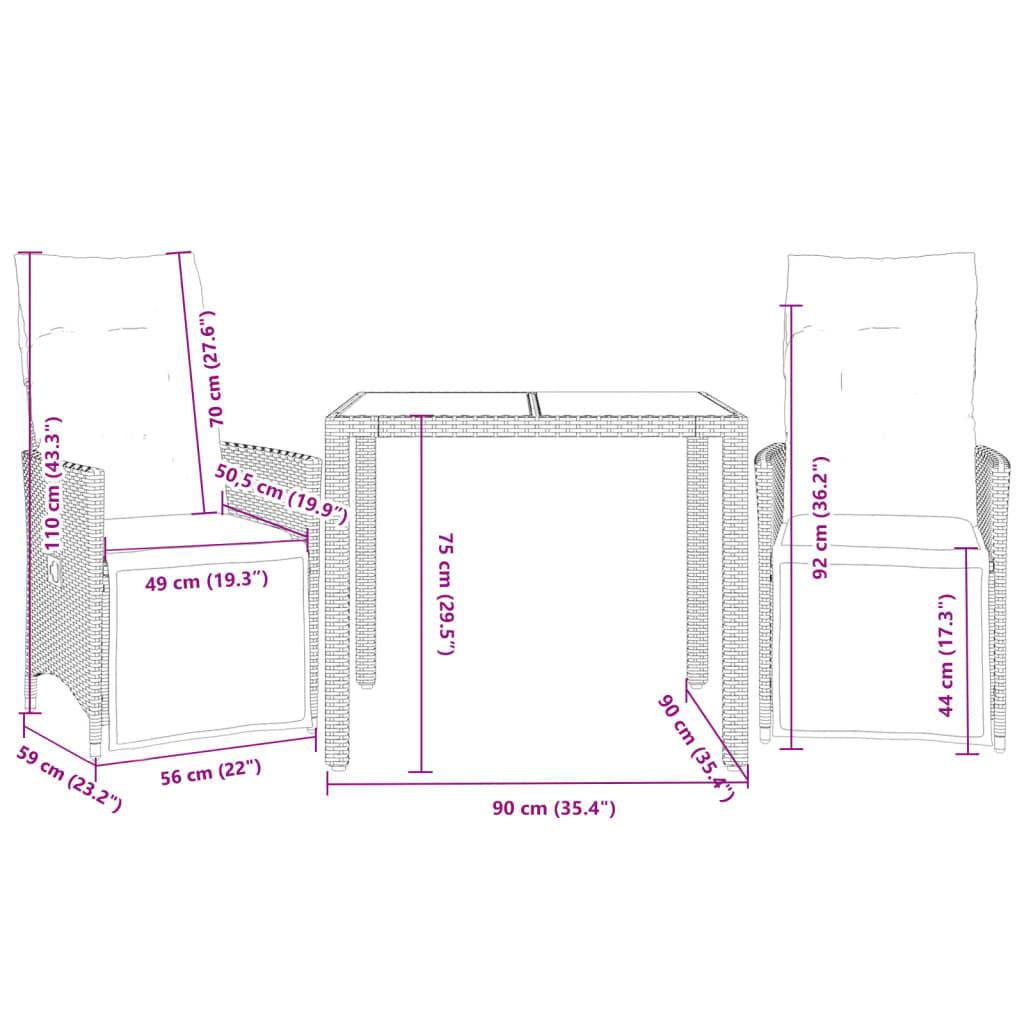 vidaXL 3-tlg. Garten-Bistro-Set mit Kissen Grau Poly Rattan