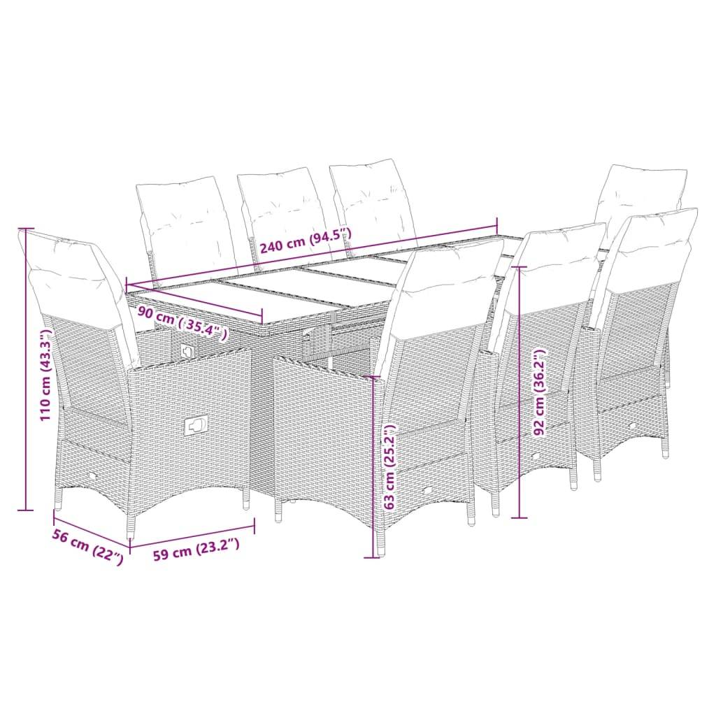vidaXL 9-tlg. Garten-Bistro-Set mit Kissen Schwarz Poly Rattan
