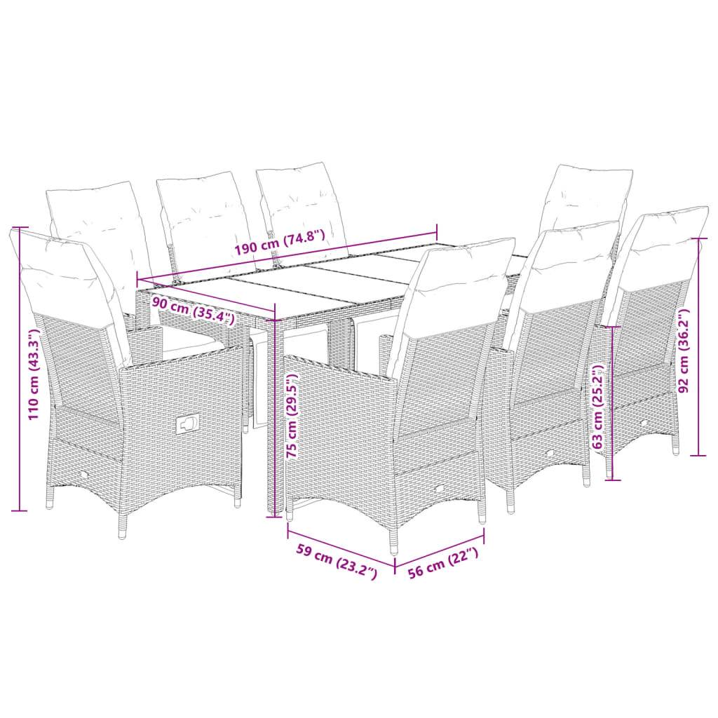 vidaXL 9-tlg. Garten-Bistro-Set mit Kissen Grau Poly Rattan