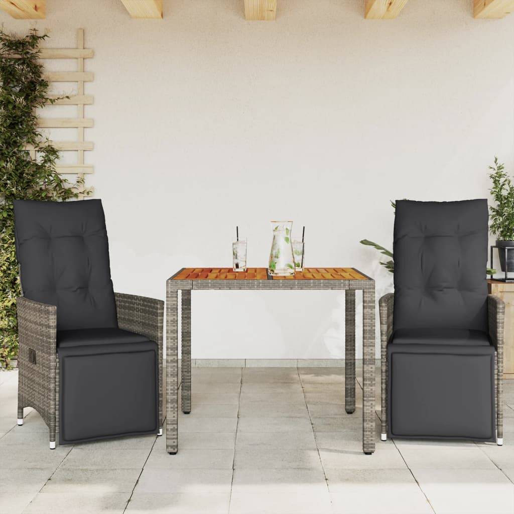 vidaXL 3-tlg. Garten-Bistro-Set mit Kissen Grau Poly Rattan
