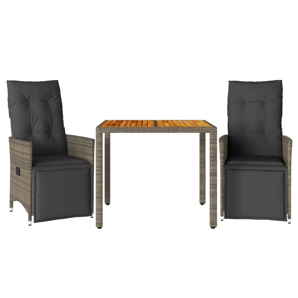 vidaXL 3-tlg. Garten-Bistro-Set mit Kissen Grau Poly Rattan