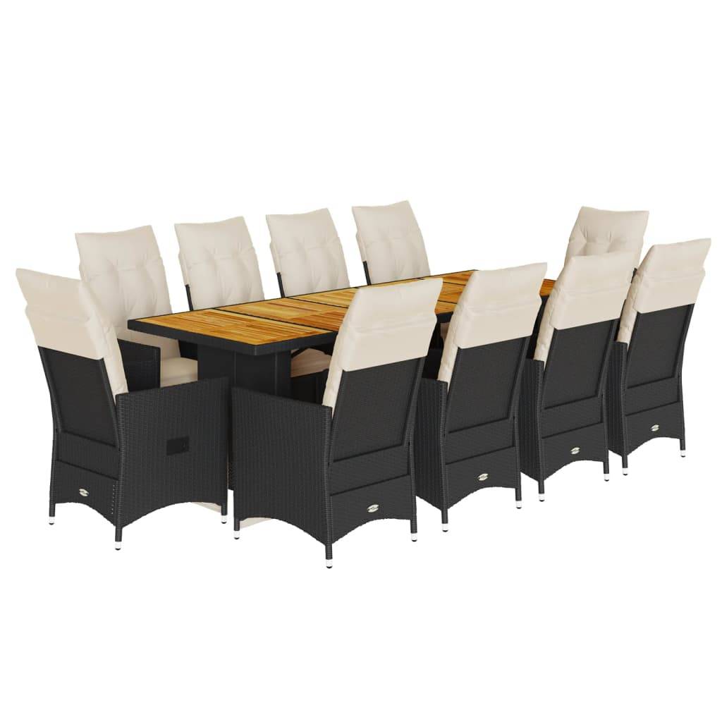 vidaXL 11-tlg. Garten-Bistro-Set mit Kissen Schwarz Poly Rattan