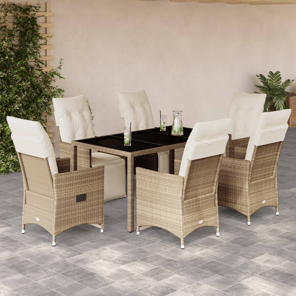 vidaXL 7-tlg. Garten-Bistro-Set mit Kissen Beige Poly Rattan