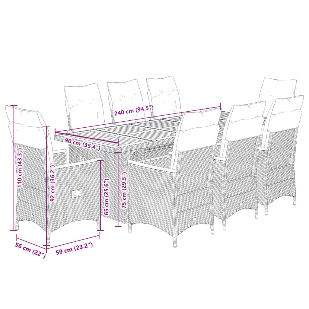 vidaXL 9-tlg. Garten-Bistro-Set mit Kissen Schwarz Poly Rattan