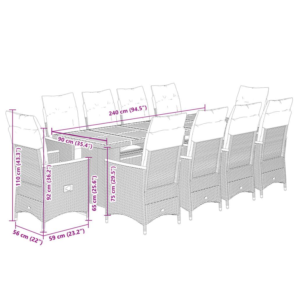 vidaXL 11-tlg. Garten-Bistro-Set mit Kissen Grau Poly Rattan