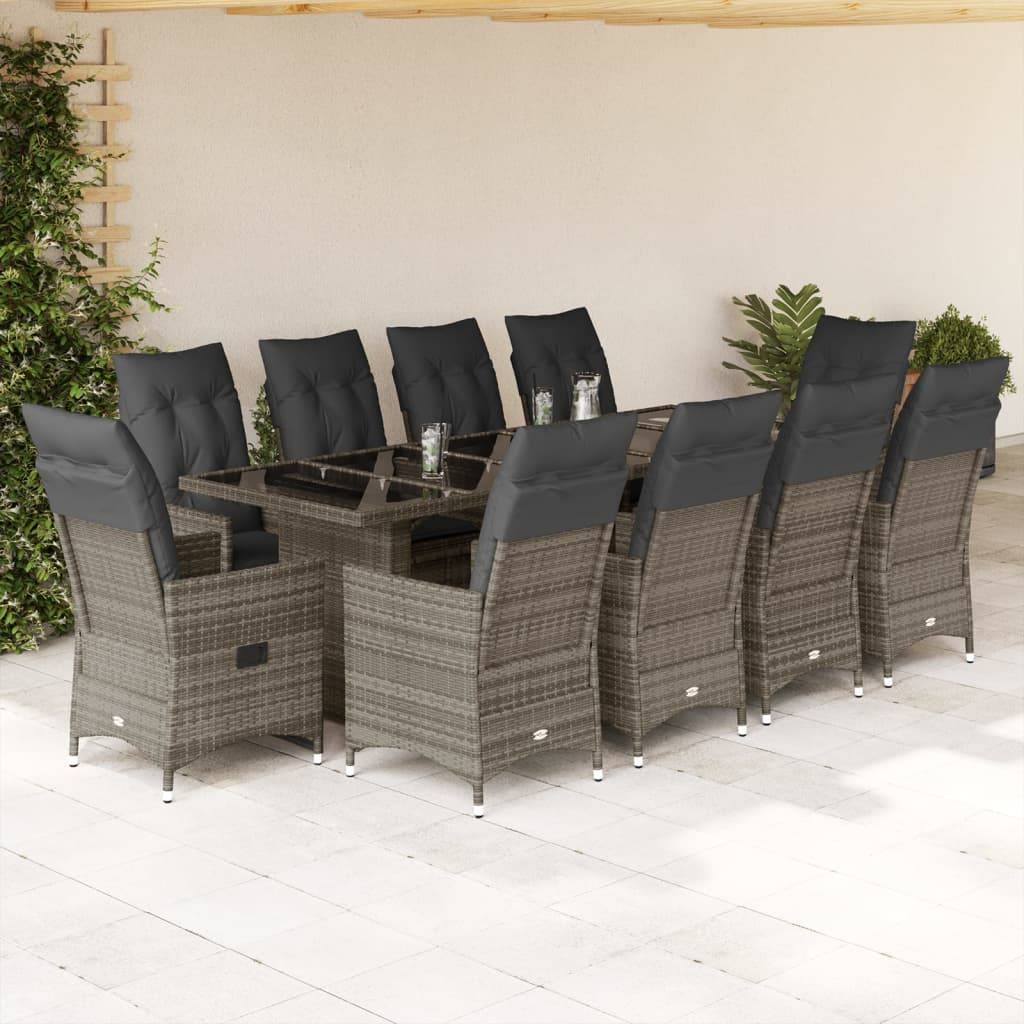 vidaXL 11-tlg. Garten-Bistro-Set mit Kissen Grau Poly Rattan